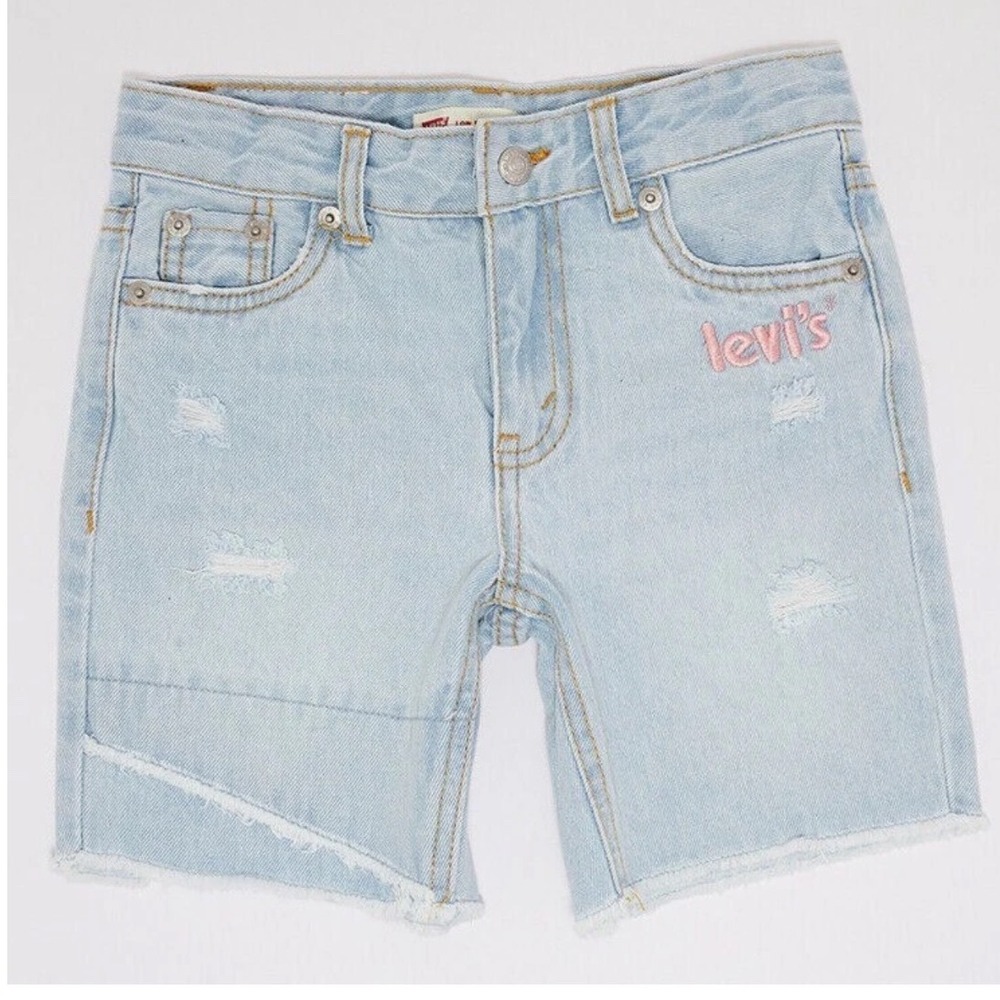Levis Girls Light Wash Distressed Low Pitch Midi Denim Shorts Size‎ 7 Reg Pink